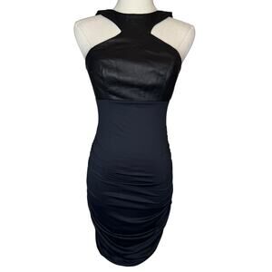 LaPina David Helwani Leather / Fabric Ruched Bodycon Mini Dress Black Small